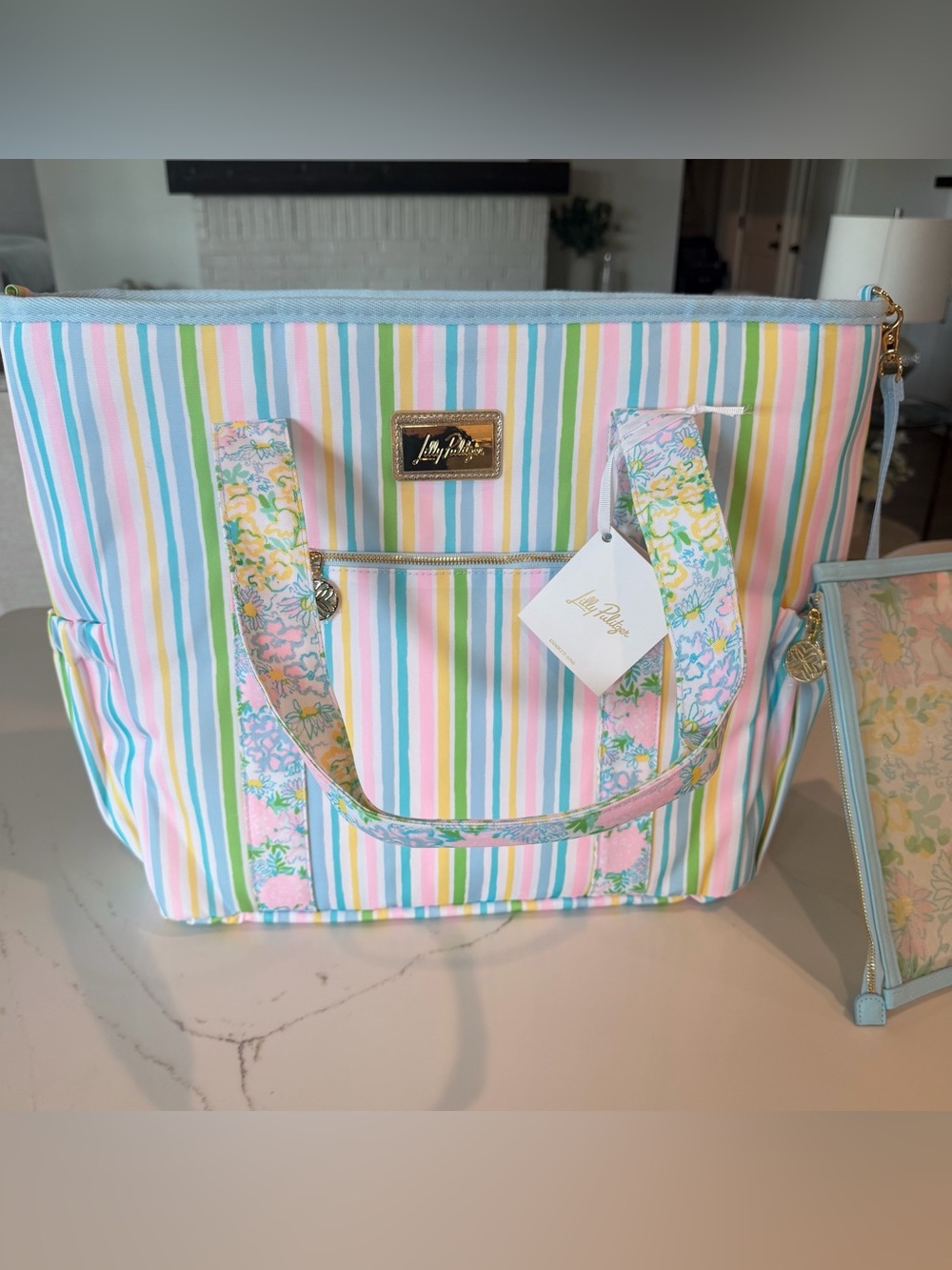 NWT Lilly Pulitzer Garden Stripe Pastel Floral-Trim Insulated Cooler Tote